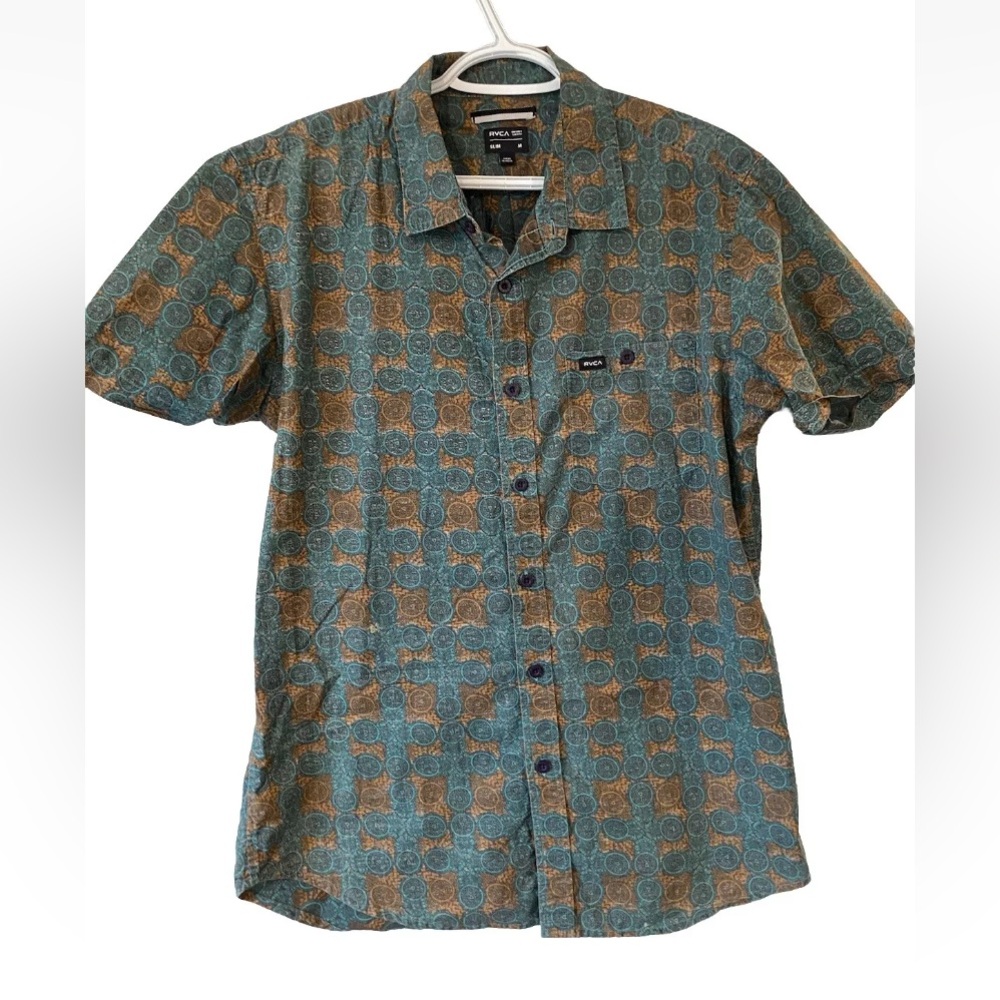 RVCA Geometric Wheel Button Down Teal Brown Button Down Shirt Men’s Medum